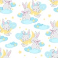 Hand drawn cute rabbit on the moon pattern seamless. Print design for baby pajamas, textiles. illustration