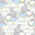 Hand drawn cute rabbit on the moon pattern seamless. Print design for baby pajamas, textiles. Vector illustration
