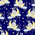 Hand drawn cute rabbit on the moon pattern seamless. Print design for baby pajamas, textiles. Vector illustration