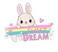 Hand drawn cute rabbit and rainbow with flowers and hearts and handwritten phrase sweet dream isolated on white background vector