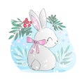 Hand drawn cute rabbit with rowan and leaves vector illustration