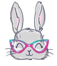 Hand drawn cute rabbit sketch vector illustration, children print on t-shirt, Bunny with glasses Royalty Free Stock Photo