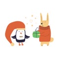 Hand drawn cute rabbit in sweater gives a gift to penguin