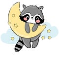 Hand drawn cute raccoon and moon Print design for baby pajamas Textile illustration Childish design