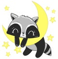 Hand drawn cute raccoon is sleeping on the moon. Print design for baby pajamas. Textile illustration. vector