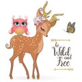 Hand drawn cute, romantic, dreaming, wild princess deer fawn with little owl.