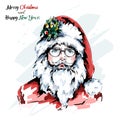 Hand drawn cute Santa Claus portrait. Stylish hipster santa in eyeglasses