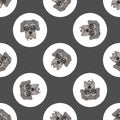 Hand drawn cute Schnauzer dog face breed in polka dot seamless vector pattern. Purebread pedigree puppy domestic on