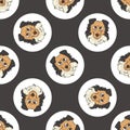 Hand drawn cute Scottish Collie dog breed in polka dot seamless vector pattern. Purebread pedigree puppy domestic on