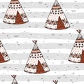 Hand drawn Cute seamless pattern with tee pee wigwam, North American Indian tee pee. Royalty Free Stock Photo