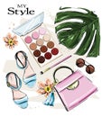 Hand drawn cute set with cosmetics and female accessories. Eyeshadows, sunglasses, makeup brush, bag, palm leaf, flowers. Sketch.