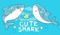 Hand drawn cute shark on a white background vector illustration. Sketch fish sea. Childish print design for fabric, t-shirts, Royalty Free Stock Photo