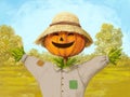 Hand-drawn cute smiling scarecrow, with a pumpkin head and a shirt full of grass and a hat. Farm scarecrow on the background of