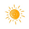 Hand drawn cute sun in doodle style. Grunge brush sun icon isolated on white background. Royalty Free Stock Photo