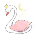 Hand drawn cute swan in a crown fairytale beautiful hand drawn vector illustration print for kids design