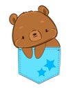 Hand drawn cute teddy bear is sitting in a pocket. Childish print design. vector illustration