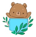 Hand drawn cute teddy bear is sitting in a pocket. Childish print design. vector illustration