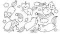 Hand drawn cute unicorn cats flying with stars and clouds for design element and coloring book page for kids or teens.