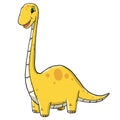 Hand drawn cute yellow brontosaurus long neck dinosaur on white background