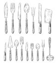Hand Drawn Cutlery Set. Vintage Fork, Food Spoon And Sketch Dinner Knife Vector Illustration Set