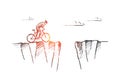 Hand drawn cyclist ready to risk and jump over gap