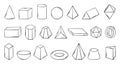 Hand drawn 3d geometric shapes. Different geometry elements for lesson materials. Shape of volumetric cube, ball, pyramid Royalty Free Stock Photo