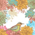 Hand drawn dahlia flowers and bird retro card