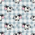 Hand drawn dairy cute cow and pouring milk carton seamless vector pattern. Kawaii horned livestock mammal. Domesticated cattle on