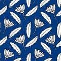 Hand drawn daisies and leaves seamless pattern. doodle scandinavian simple liner style.