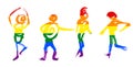 hand drawn dancing people silhouettes colored in LGBT rainbow flag colors isolated on white background. Freedom and love concept. Royalty Free Stock Photo