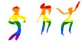 hand drawn dancing people silhouettes colored in LGBT rainbow flag colors isolated on white background. Freedom and love concept. Royalty Free Stock Photo