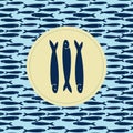 Hand Drawn dark blue color pattern of anchovy fish and group of blue anchovies on yellow circle.