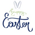 Hand drawn dark blue green card with sweet Happy easter sign, bunny ears. Rannit ears illustration