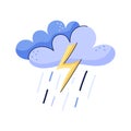 Hand drawn dark cloud, lightning nd rain. Sky and weather design element. Isolated vector illustration on white background Royalty Free Stock Photo
