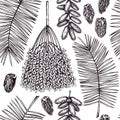 Hand drawn dates leaves, fresh and dried fruits, palm sketches seamless pattern. Dehydrated fruit in engraved style background. Royalty Free Stock Photo