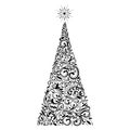 Hand drawn decorative Christmas tree with star. Happy New Year ornate elements for winter holidays. Vector doodle sketch Royalty Free Stock Photo