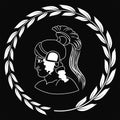 Hand drawn decorative logo with head of the ancient Greek warrior, negative.