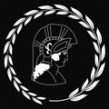 Hand drawn decorative logo with head of the ancient Greek warrior, negative.