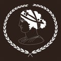 Hand drawn decorative logo with head of ancient Greek women, negative.