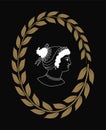 Hand drawn decorative logo with head of ancient Greek women, negative.