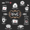 Hand drawn decorative love badges with lettering sweet things