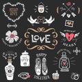 Hand drawn decorative love badges with lettering. Vintage vector