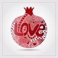 Hand drawn decorative ornamental pomegranate made of swirl doodles. Text love for Valentine day, 14 February. Vector abstract frui