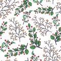 Hand drawn decorative seamless pattern of different branches, leaves, berries. Floral set elements. Colorful berry doodle sketch