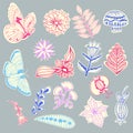 Doodle design butterflies and flowers stickers set