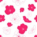 Hand drawn deep pink and white cherry blossom background. Japanese sakura pattern background.