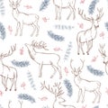 Hand-drawn deer and coniferous branches. Vector seamless pattern