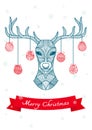 Hand drawn deer head with Christmas balls hanging on its horn, for christmas card and decoration Royalty Free Stock Photo