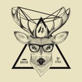 Hand drawn of a deer head in hipster style. Vector illustration of a hipster deer wearing spectacles Royalty Free Stock Photo