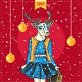 Hand drawn deer woman with snowfall and xmas balls Royalty Free Stock Photo